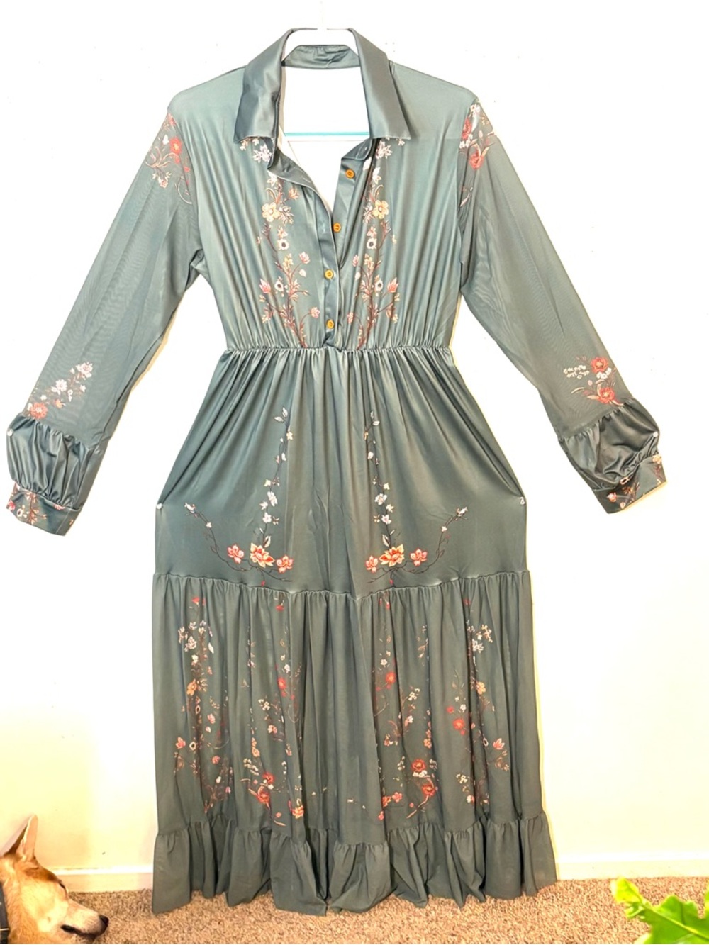 Long Floral Shirt Dress in Sage Green. Size XL. NWT.